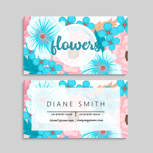 Vector tarjeta de visita con hermosas flores de color azul claro. modelo