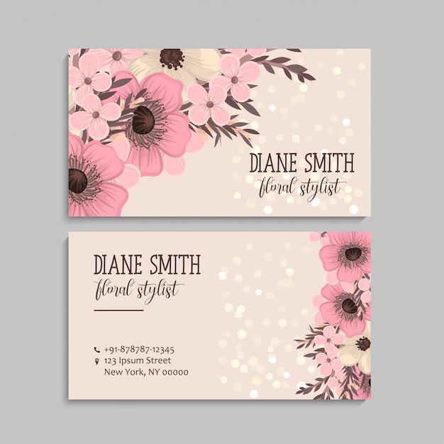 Tarjeta de visita con hermosas flores de color rosa. Modelo
