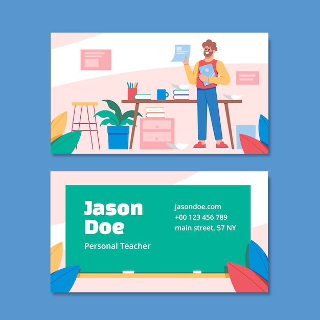 Tarjeta de visita horizontal de trabajo de enseñanza de diseño plano
