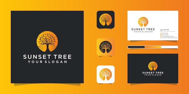 Tarjeta de visita del logotipo del árbol exótico y del atardecer