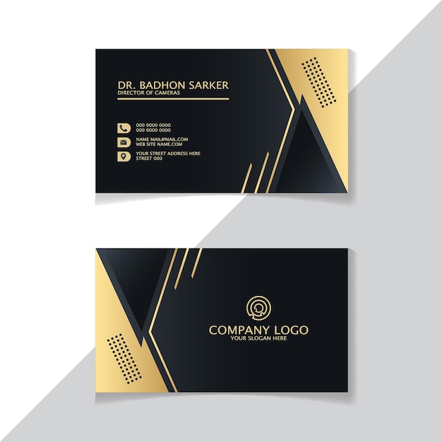 Tarjeta de visita de lujo moderna de color negro y dorado con forma de línea
