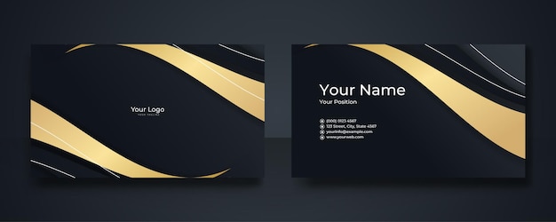 Tarjeta de visita moderna - Plantilla de tarjeta de visita creativa y limpia. Plantilla de diseño de tarjeta de visita de lujo. Elegante fondo oscuro con líneas abstractas onduladas doradas brillantes. Ilustración vectorial