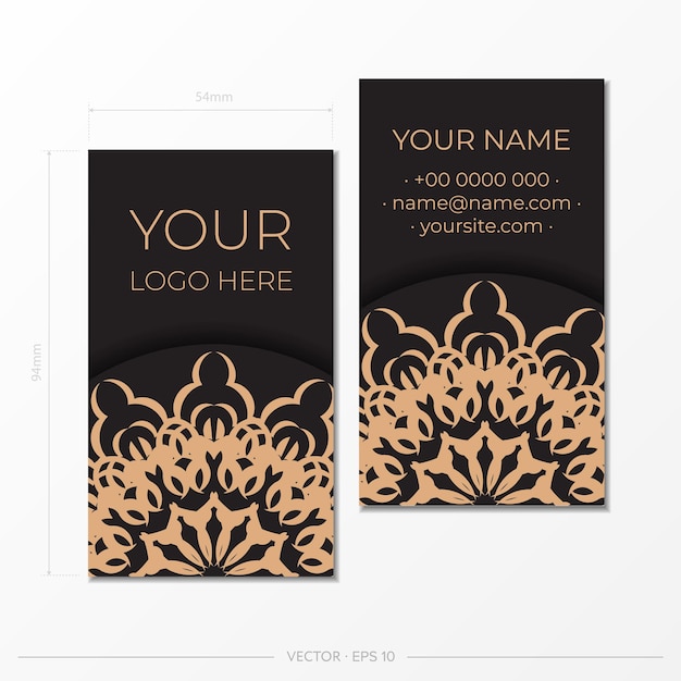 Tarjeta de visita negra con adornos griegos. Diseño de tarjeta de visita listo para imprimir con patrones vintage.