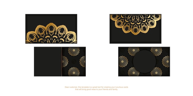 Tarjeta de visita negra con estampado de mandala dorado