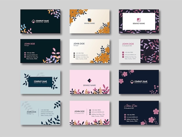 Tarjeta de visita o negocio floral en diferentes colores.