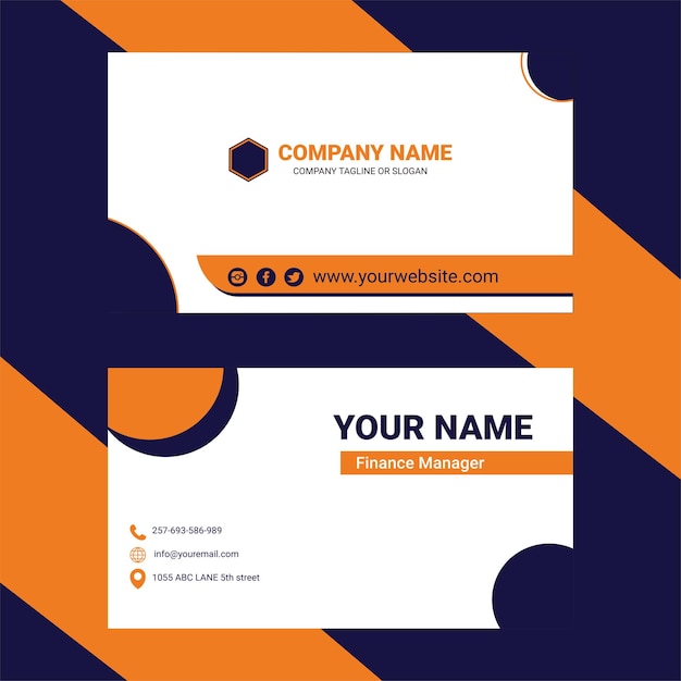 Tarjeta de visita plana de empresa o negocio en color azul y naranja.