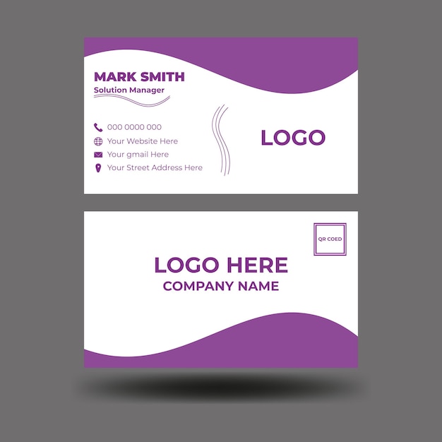 una tarjeta de visita púrpura y blanca con el logotipo del logotipo de la empresa