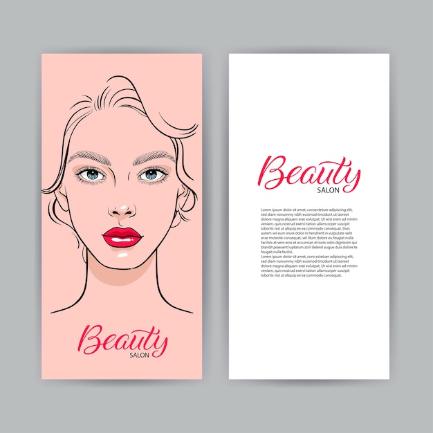Tarjeta de visita para salón de belleza con partrait de mujer joven y atractiva. Ilustración de vector