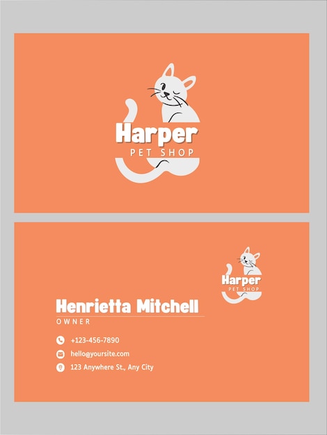 Tarjeta de visita de una tienda de mascotas de estilo ilustrativo naranja y blanco