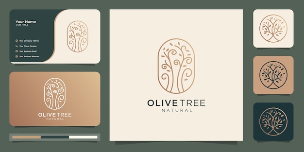 Tarjeta de visita y vector de olivo dorado moderno, plantilla de diseño de logotipo de aceite de oliva.