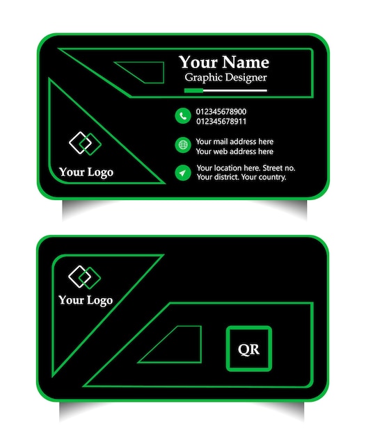 tarjeta de visita verde y señales negras que dicen su nombre en ellos