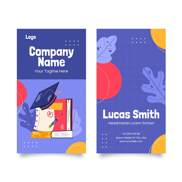 Tarjeta de visita vertical de escuela internacional de diseño plano