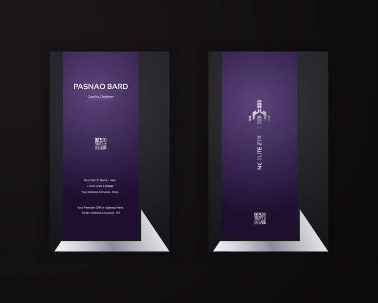 Vector tarjeta de visita vertical vectorial única con un toque moderno de color azul con gradiente blanco y púrpura