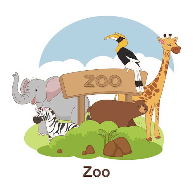 Tarjeta de vocabulario para niños. Zoológico con imagen del zoológico