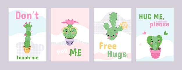 Las tarjetas de abrazos gratis, los abrazos dulces, los personajes de cactus adoran los carteles imprimibles, las portadas de cactos divertidos, el diseño de plantas de dibujos animados y el texto, las pancartas vectoriales de hoy en día.