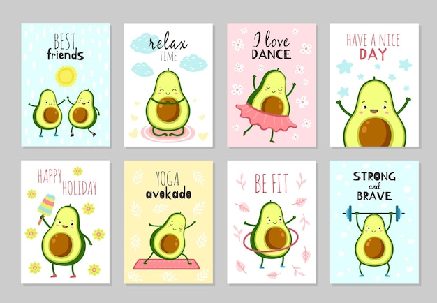 Tarjetas de aguacate de dibujos animados. comida sana linda, volantes divertidos de la fiesta del bebé. texto de inspiraciones positivas, conjunto de vectores de banners de niños de personajes verdes. nutrición de dibujos animados de aguacate de ilustración, carácter fuerte en el gimnasio