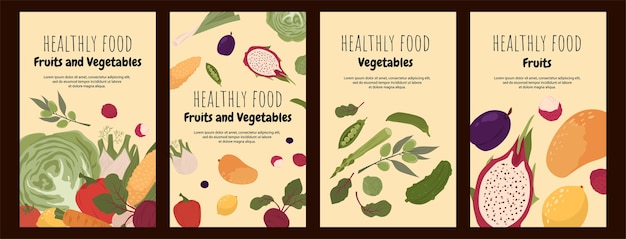 Tarjetas de alimentos saludables en estilo plano