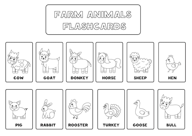 Tarjetas de animales de granja en blanco y negro para niños