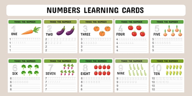 Tarjetas para aprender números del 1 al 10 con verduras Tarjetas de jardín de infantes para aprender números