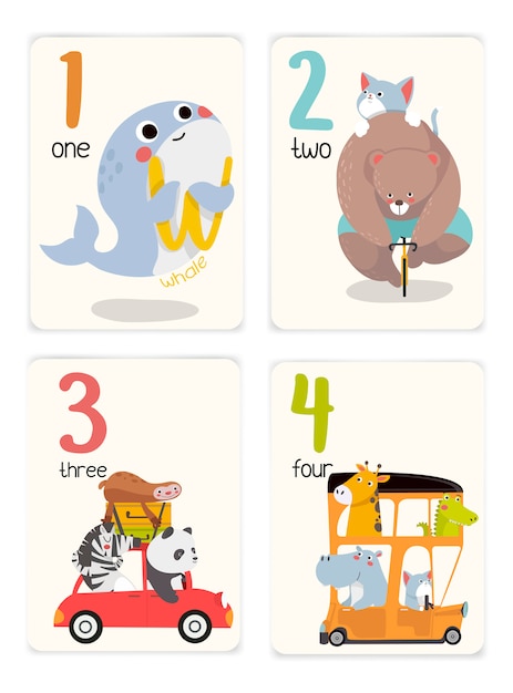 Tarjetas de aprendizaje para bebés con animales. educativo para niños. número uno a cuatro con animales. lindos animales viajando en coche.