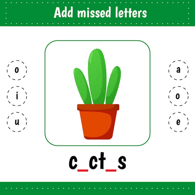 Tarjetas de aprendizaje para niños agregue letras perdidas hojas de trabajo de cactus para educación infantil para la escuela y el jardín de infantes hoja de trabajo educativa