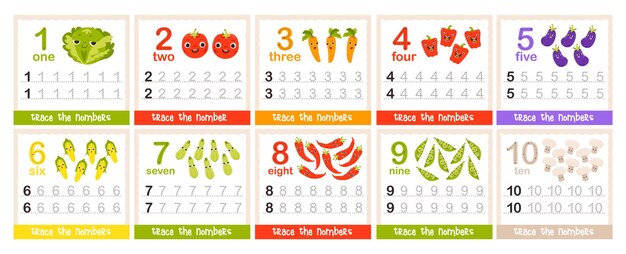 Tarjetas de aprendizaje numérico con lindas verduras Contar y rastrear números Juego educativo para niños