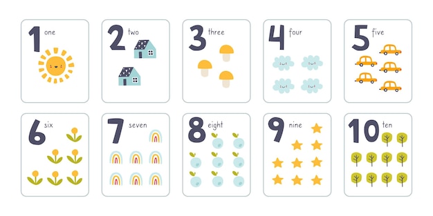 Tarjetas de aprendizaje de números para bebés Set de tarjetas de conteo de dibujos animados para niños en edad preescolar