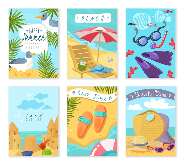 Vector tarjetas de artículos de vacaciones de verano. conjunto de seis tarjetas verticales con inventario de accesorios de playa para vacaciones de verano, los atributos del resto de hojas tropicales de arena y gaviota