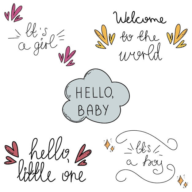 Tarjetas de baby shower con letras dibujadas a mano. ilustración vectorial