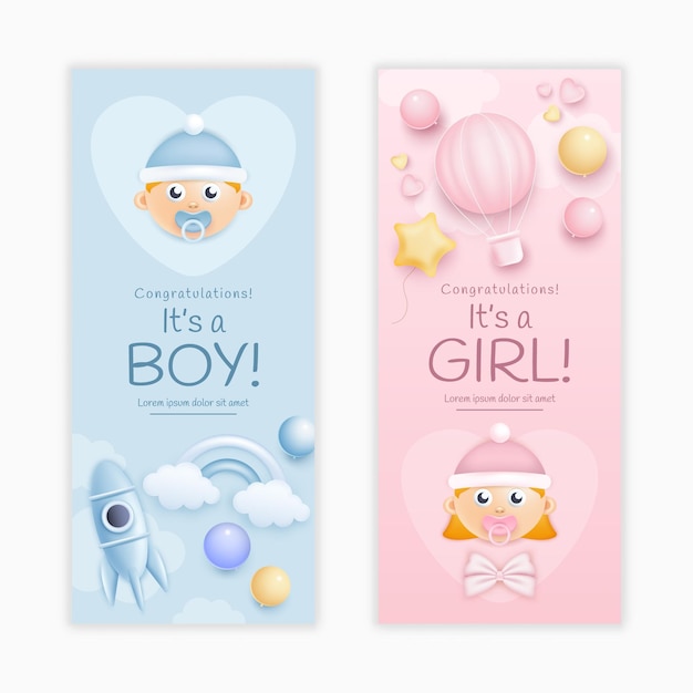 Tarjetas de baby shower para el nacimiento de niñas o niños Invitación de cumpleaños con globos y cohetes 3D Set de carteles de anuncio de fiestas Rostros de niños pequeños Celebración de niños recién nacidos fondos vectoriales