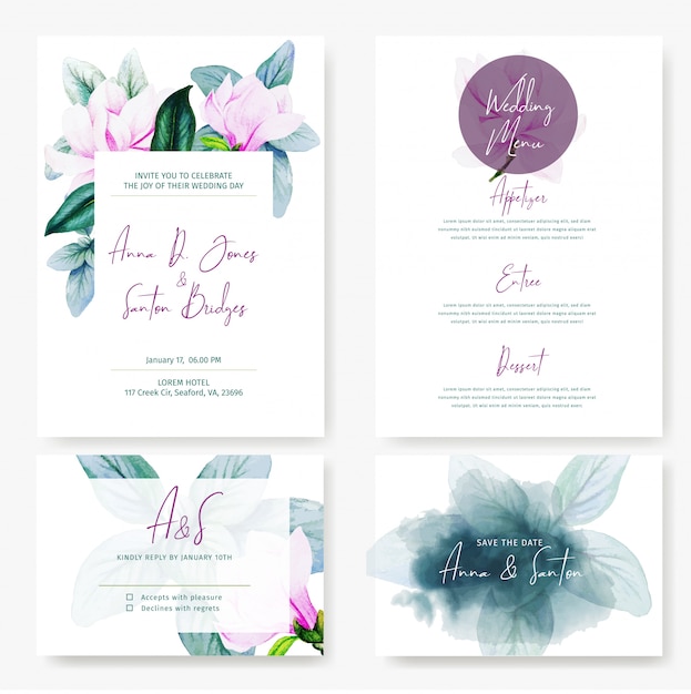 Tarjetas de boda, cuatro diseños con magnolia