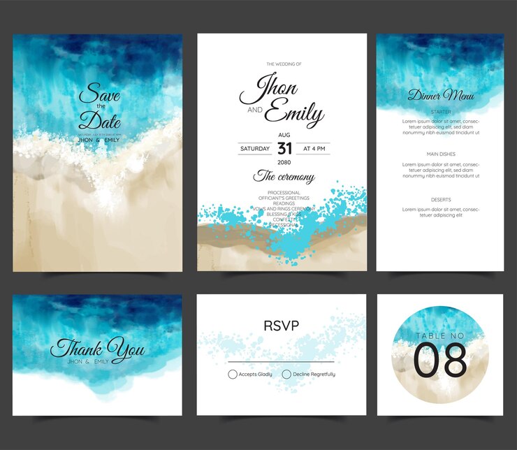 Vector tarjetas de boda, invitación. guarde el diseño de estilo de mar de fecha. fondo romántico de verano de boda en la playa