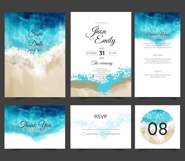 tarjetas de boda, invitación. Guarde el diseño de estilo de mar de fecha. Fondo romántico de verano de boda en la playa