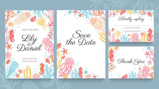 Tarjetas de boda en el mar. Invitación a fiesta de matrimonio veraniega en la playa decorada con conchas marinas, algas y corales. Boda guardar fecha vector set. Por favor responda, acepte o rechace el diseño de la tarjeta