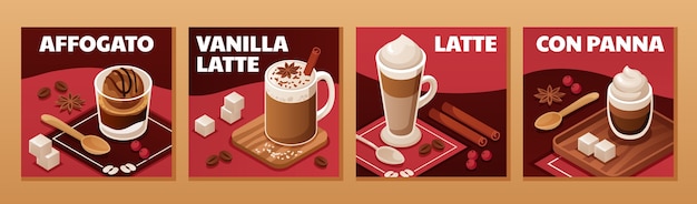 Tarjetas de café en vista isométrica