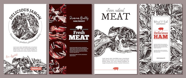 Vector tarjetas, carteles o etiquetas para carne de granja natural con ilustración de jamón dibujado a mano