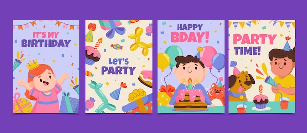 Tarjetas de celebración de cumpleaños en diseño plano