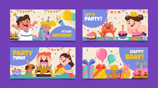 Tarjetas de celebración de cumpleaños en diseño plano