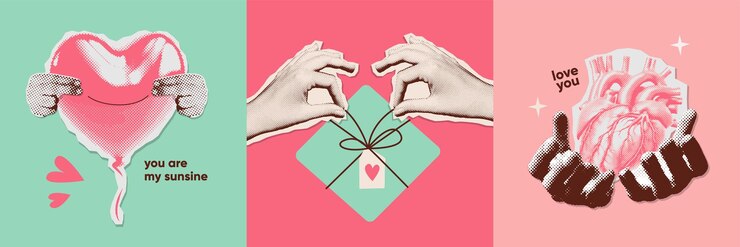 Vector tarjetas de collage de moda de medio tono con manos femeninas de medio tono cubiertas de redes sociales con manos que se sostienen