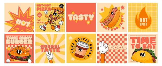 Vector tarjetas de comida rápida carteles retro pegatinas con perritos calientes taco hamburguesa pizza para el menú café restaurante parches funky eslogan cita personajes de comida groovy conjunto vectorial