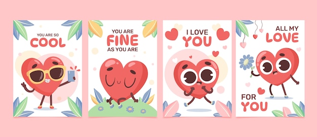 Tarjetas de corazones de dibujos animados en diseño plano