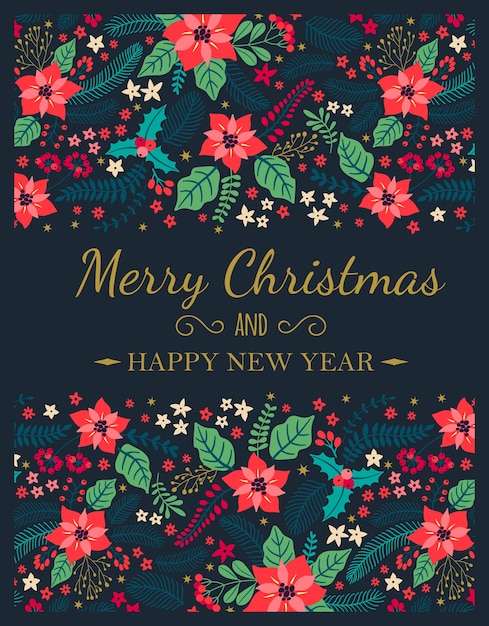 Tarjetas creativas. Carteles de Navidad. Tarjeta de felicitación con plantas de invierno sobre un fondo azul. Letras modernas "Feliz Navidad y próspero año nuevo". Telón de fondo de vacaciones. ilustración.