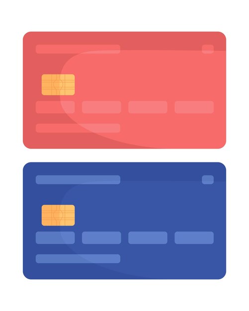 Tarjetas de crédito de plástico conjunto de objetos vectoriales de color semi plano. Elemento realista completo en blanco. Método de pago inalámbrico aislado ilustración de estilo de dibujos animados moderno para diseño gráfico y animación
