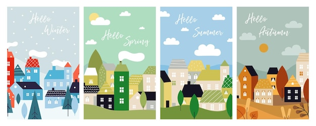 Tarjetas de cuatro temporadas. otoño invierno primavera verano con paisaje de la ciudad. cartel de temporada, tiempo de navidad. barrio de campo, naturaleza casas ilustración vectorial. primavera y otoño, invierno y verano