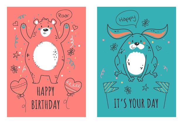Tarjetas de cumpleaños con concepto de animales Elemento de ilustración de diseño gráfico vectorial