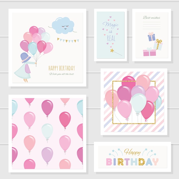 Tarjetas de cumpleaños para niñas con globos y elementos de brillo