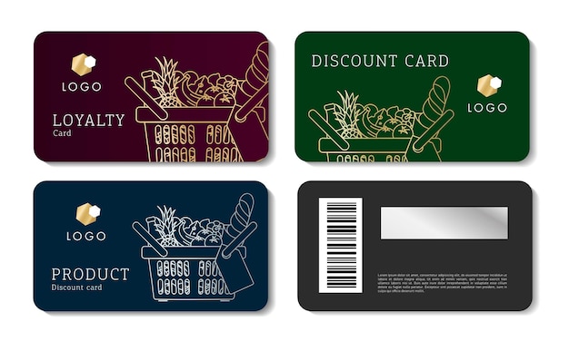 Tarjetas de descuento de supermercados con canasta de alimentos llena de bienes segmento premium