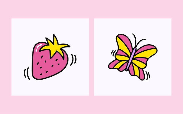 Tarjetas del día de San Valentín. Doodle elementos románticos. fresa y mariposa