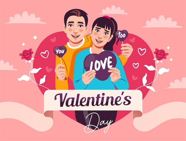 Vector tarjetas para el día de san valentín con parejas jóvenes enamoradas y concepto de pareja romántica banner creativo