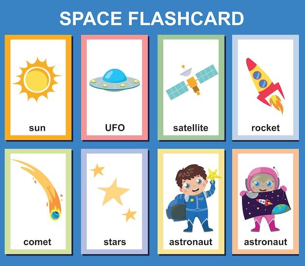 Tarjetas didácticas de exploración espacial y sistema solar para que los niños aprendan sobre los planetas del sistema solar